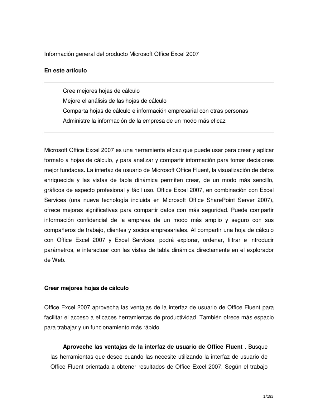 Première page de Información general del producto Microsoft Office Excel 2007