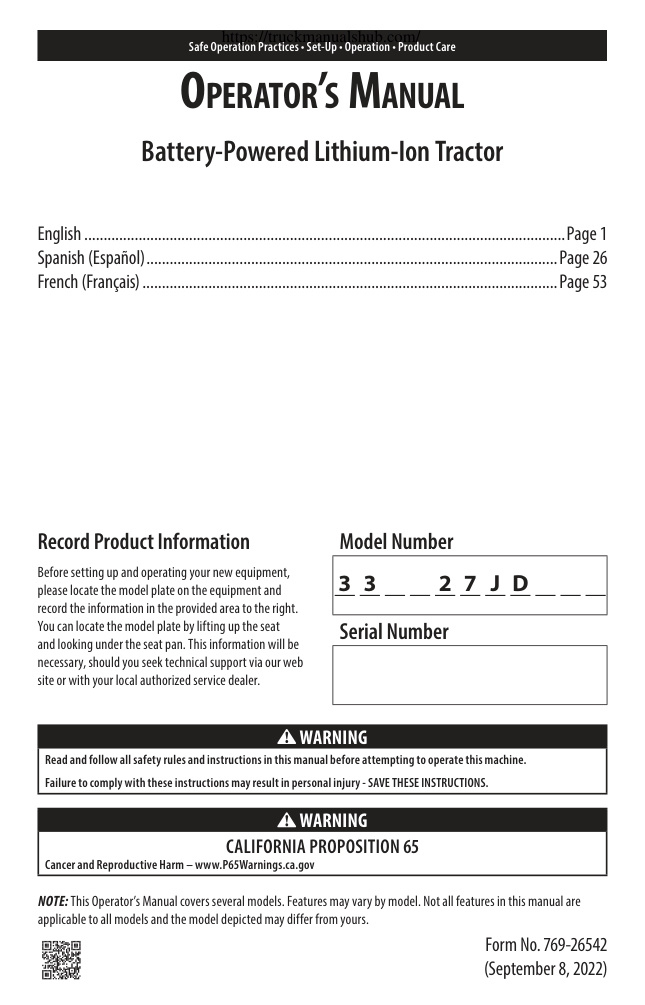 Première page de Operator’s Manual