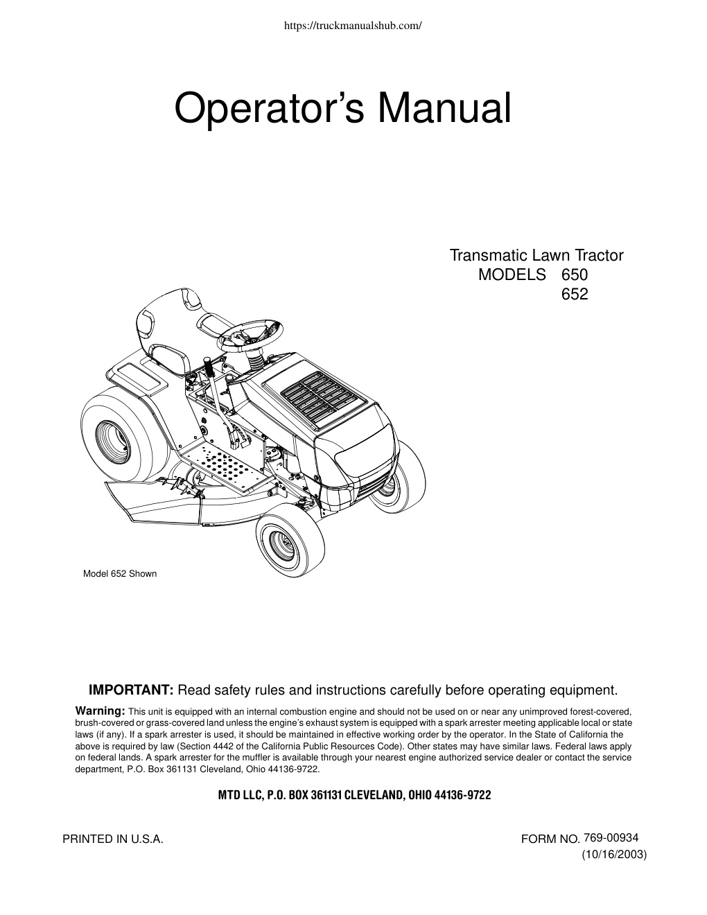 Première page de Operator’s Manual