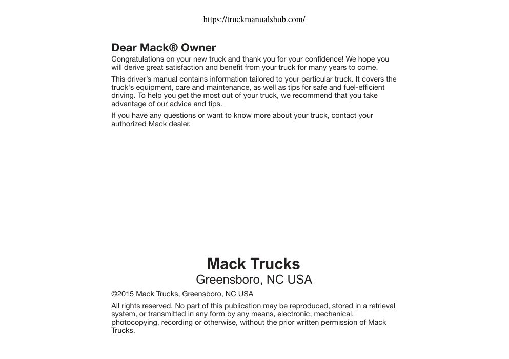 Première page de This driver’s manual contains information tailored to your particular truck. It covers the