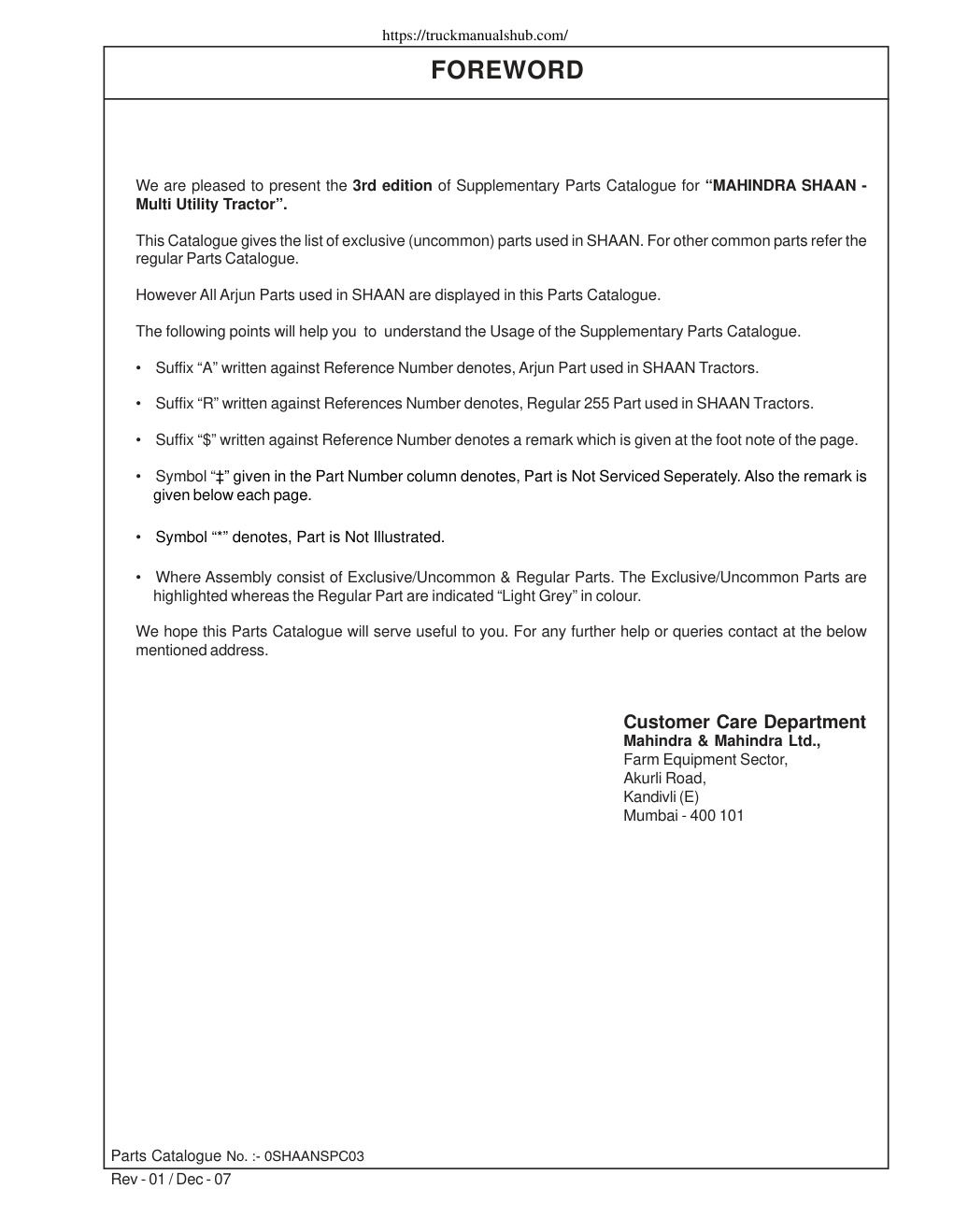 Première page de We are pleased to present the 3rd edition of Supplementary Parts Catalogue for “MAHINDRA SHAAN