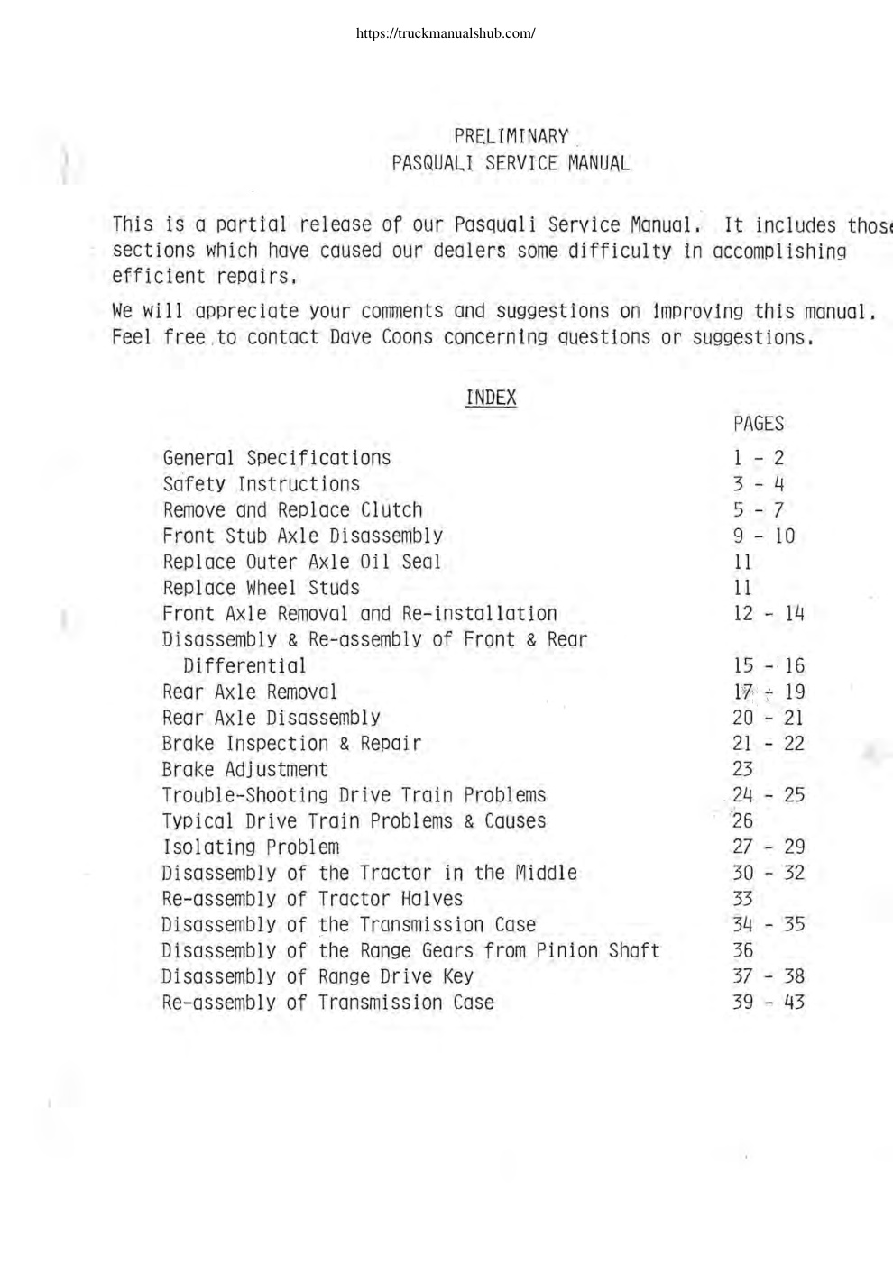 Première page de PASQUALI SERVICE MANUAL