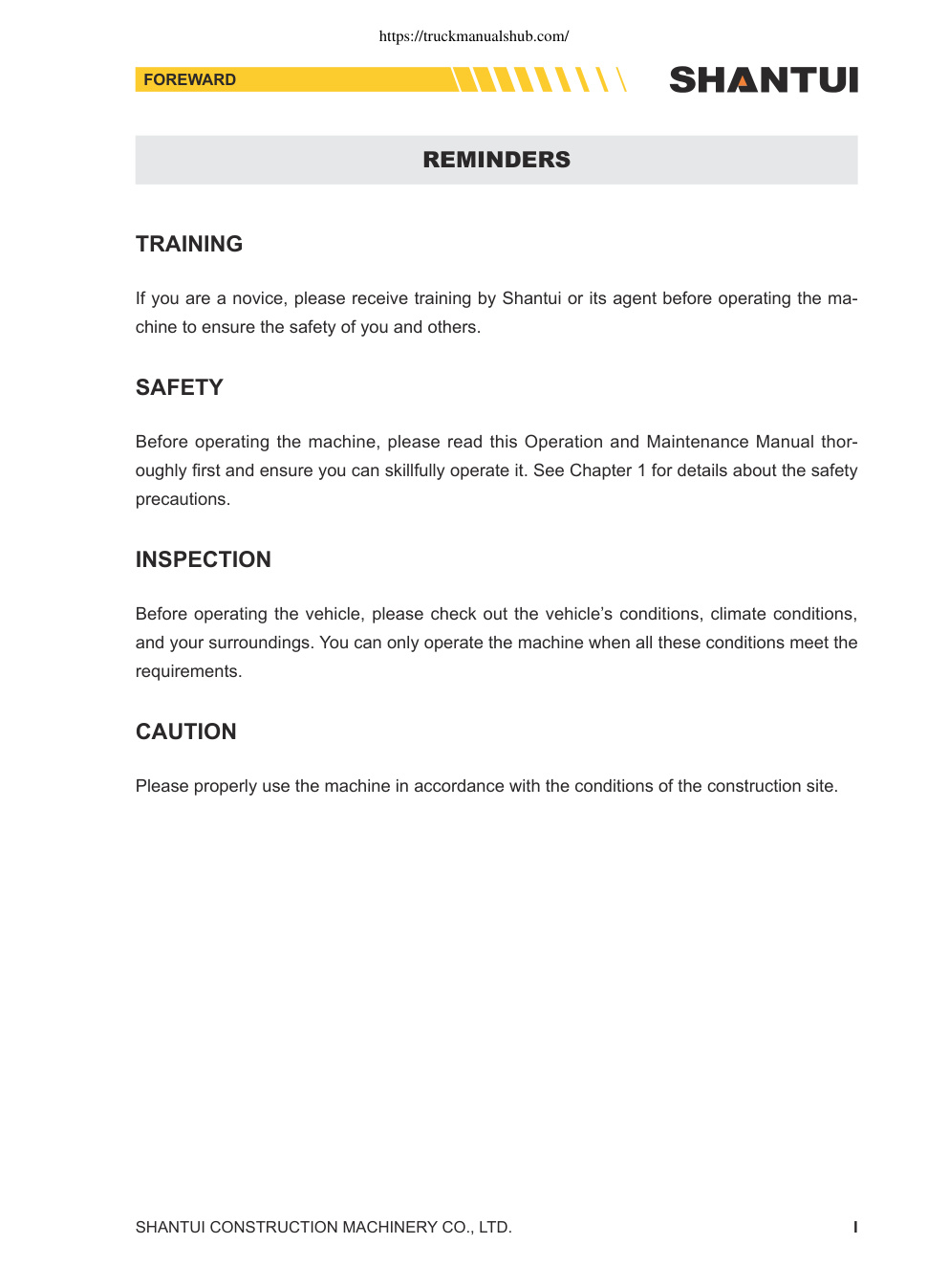Première page de Before operating the machine, please read this Operation and Maintenance Manual thor­