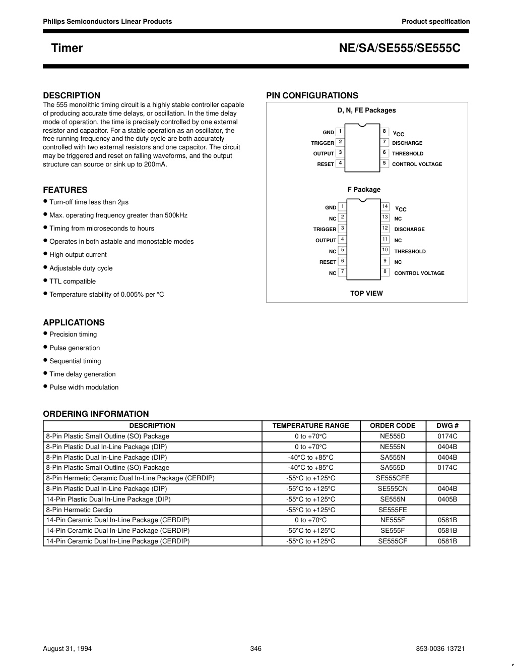 Première page de NE555 PHILIPS | Alldatasheet
