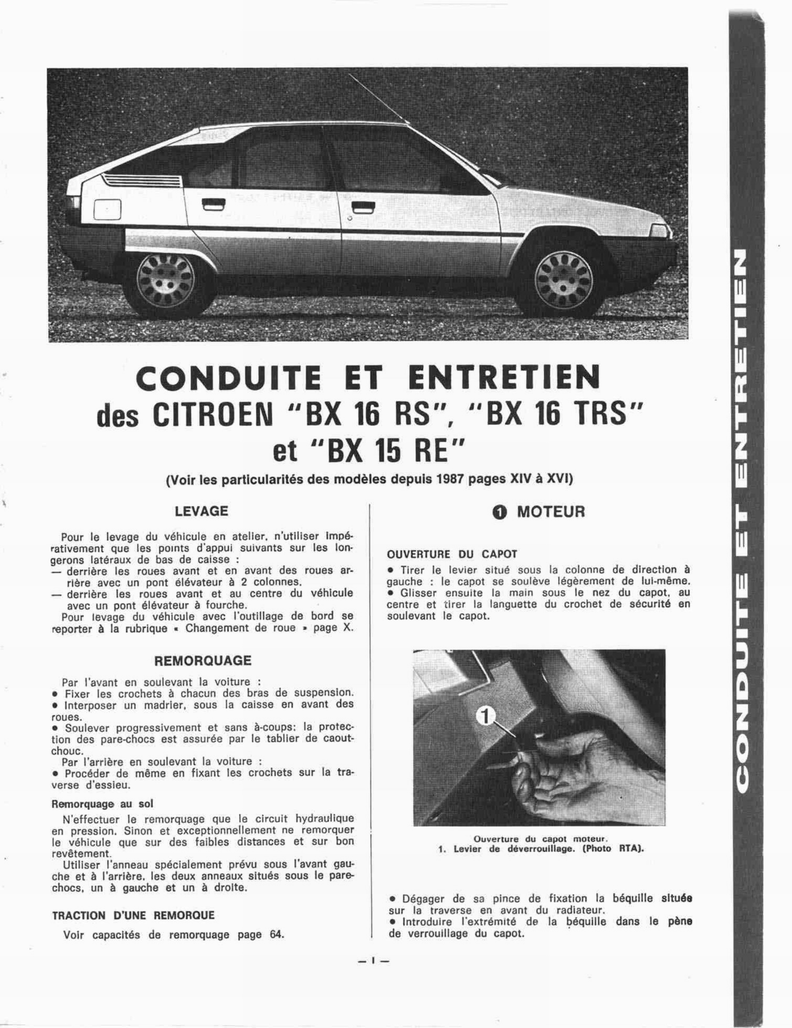 Première page de RTA CITROËN "BX 16 RS", "BX 16 TRS" et "BX 15 RE"