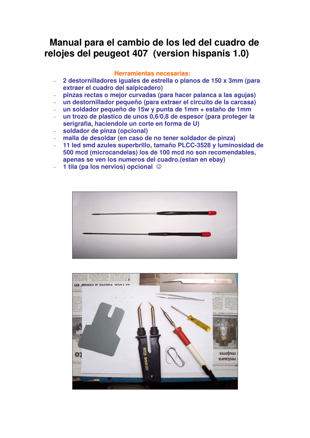 Première page de Manual explicativo para el cambio de los led del cuadro de relojes peugeot 407 (version hispanis)