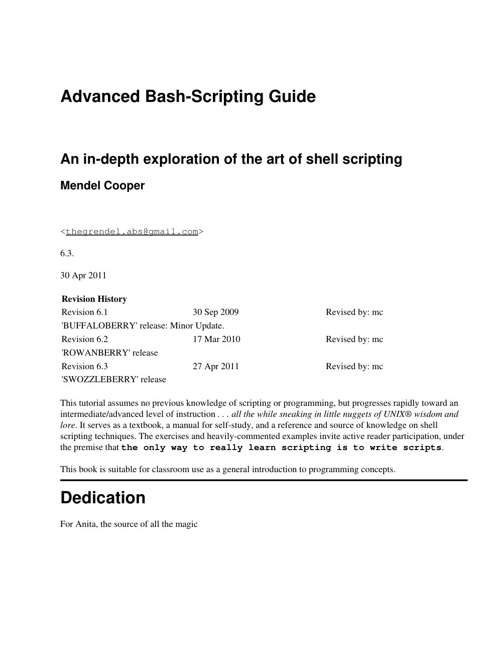 Première page de Advanced Bash-Scripting Guide
