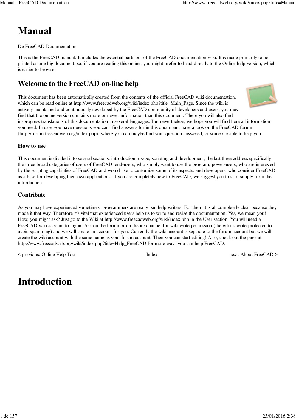 Première page de Manual - FreeCAD Documentation