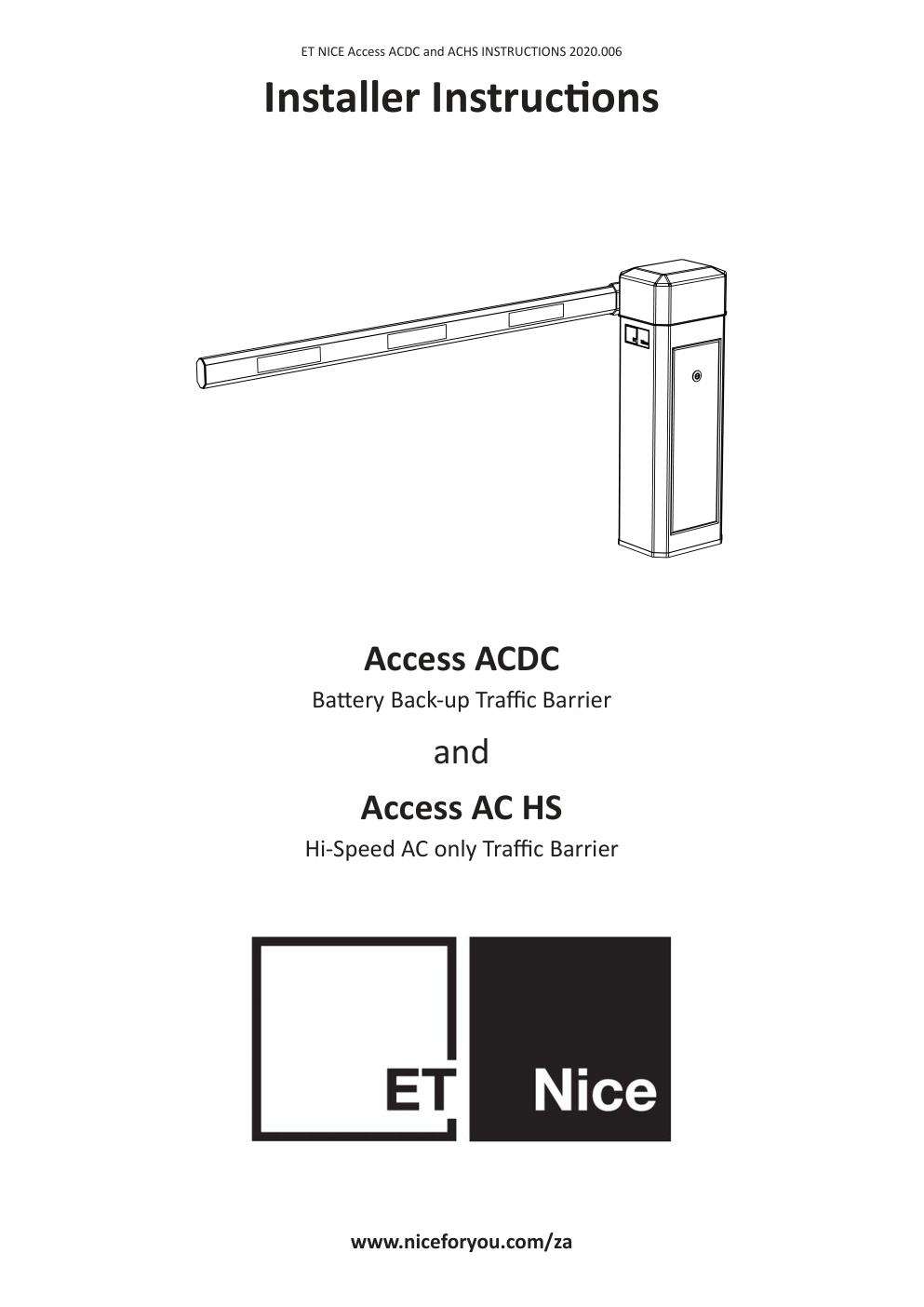Première page de ET NICE Access ACDC and ACHS INSTRUCTIONS 2020.006