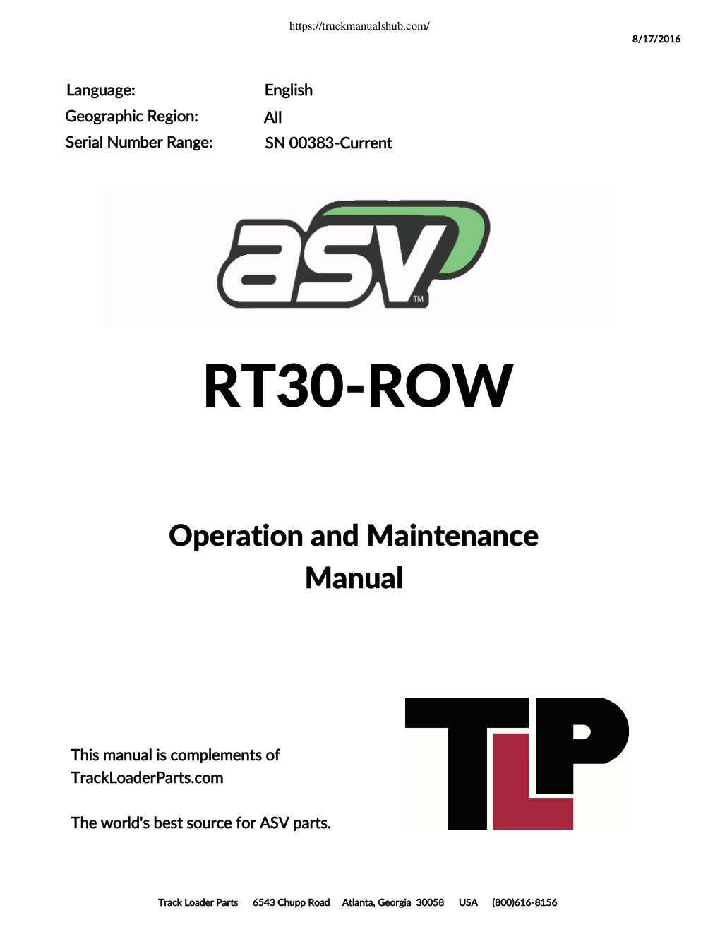 Première page de ASV RT30 ROW Operation and Maintenance Manual