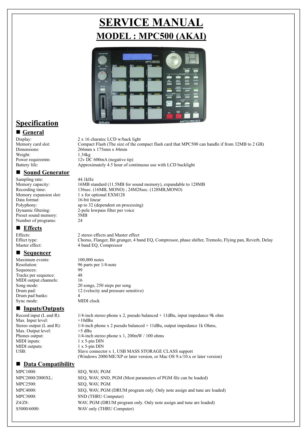 Première page de Akai MPC500 SERVICE MANUAL