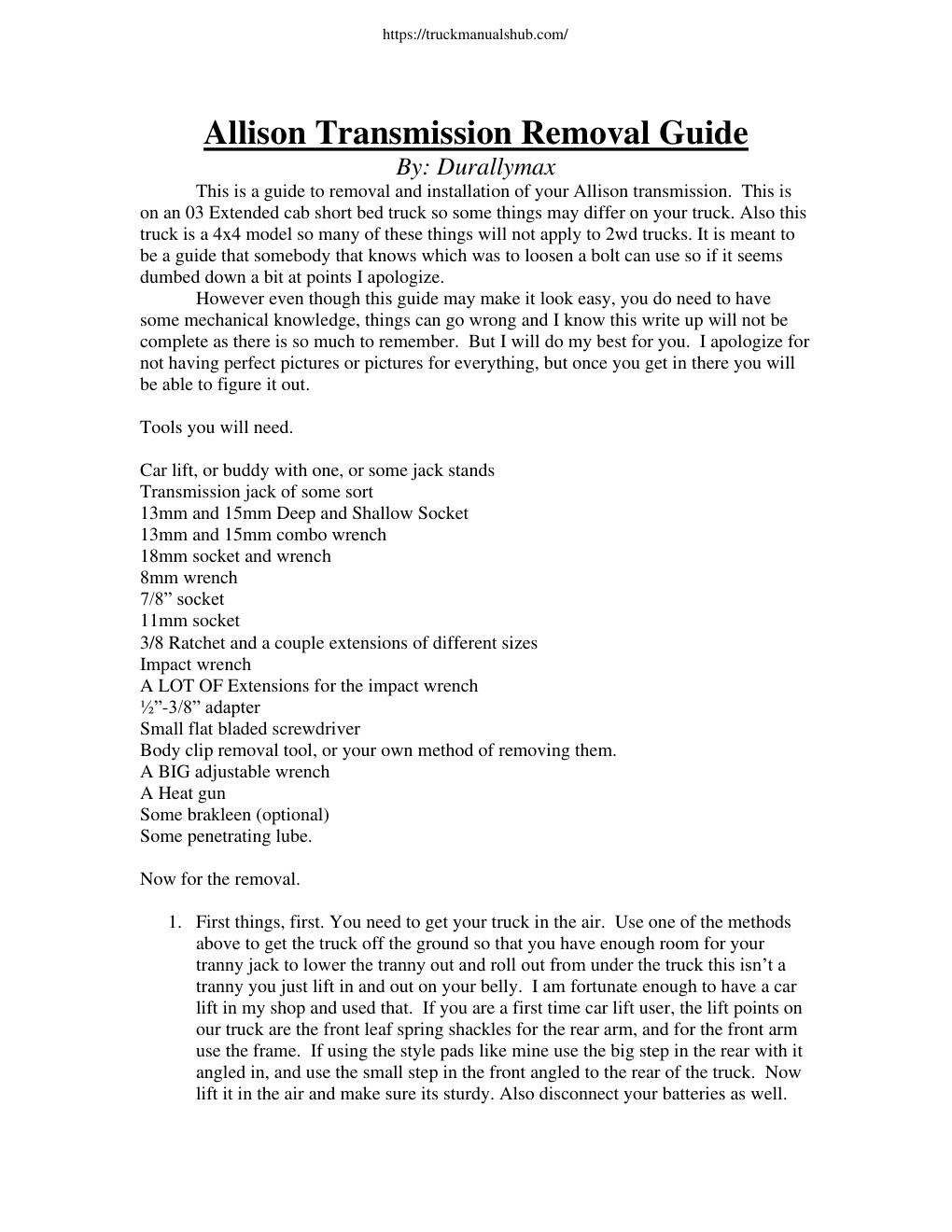 Première page de Allison Transmission Removal Guide