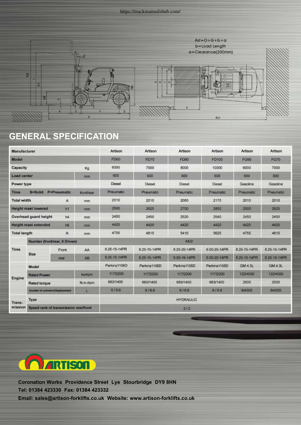 Première page de Artison Forklifts FD60 FD70 FD80 FD100 FG60 FG70 Technical Specifications