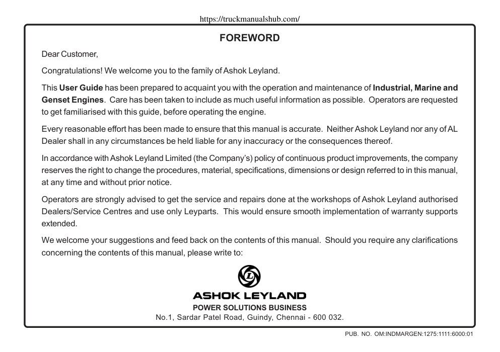 Première page de Ashok Leyland ALGP WO4D E4 ALGPWO4DMK1 HA4 AL4DTG3 HA4D AL4DTIG2 HA4DT Operator s and Maintenance Manual