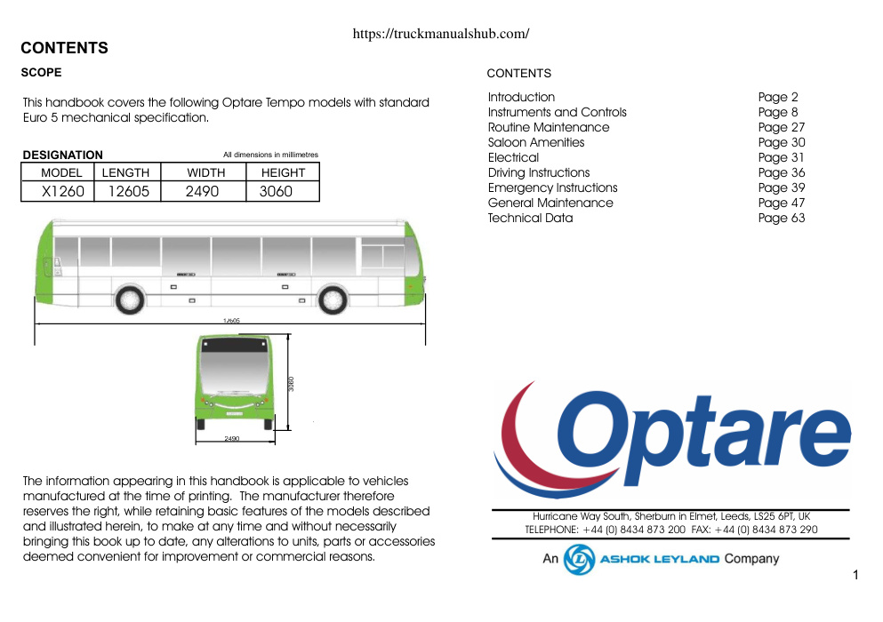 Première page de Ashok Leyland Optare Tempo X1260 Handbook