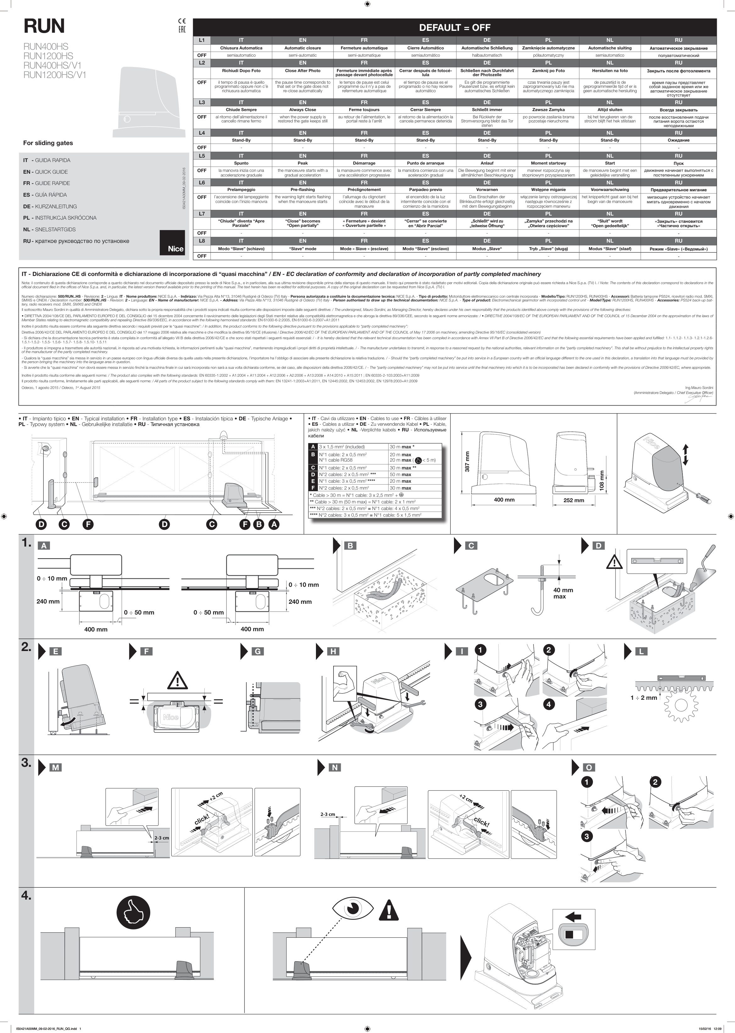 Première page de RUN RUN400HS RUN1200HS RUN400HS/V1 RUN1200HS/V1 - Nice