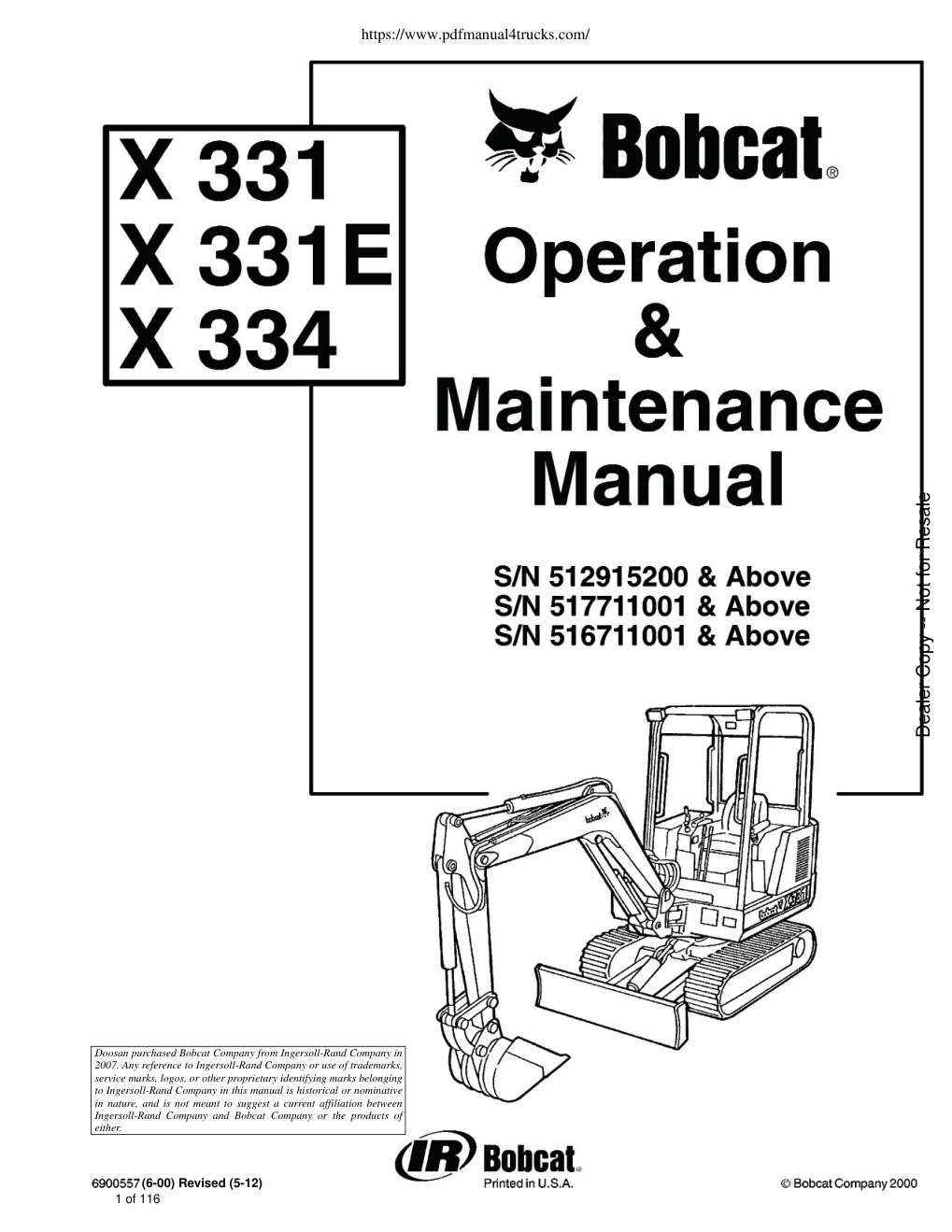 Première page de Bobcat X331 X331E X334 Operation and Maintenance Manual