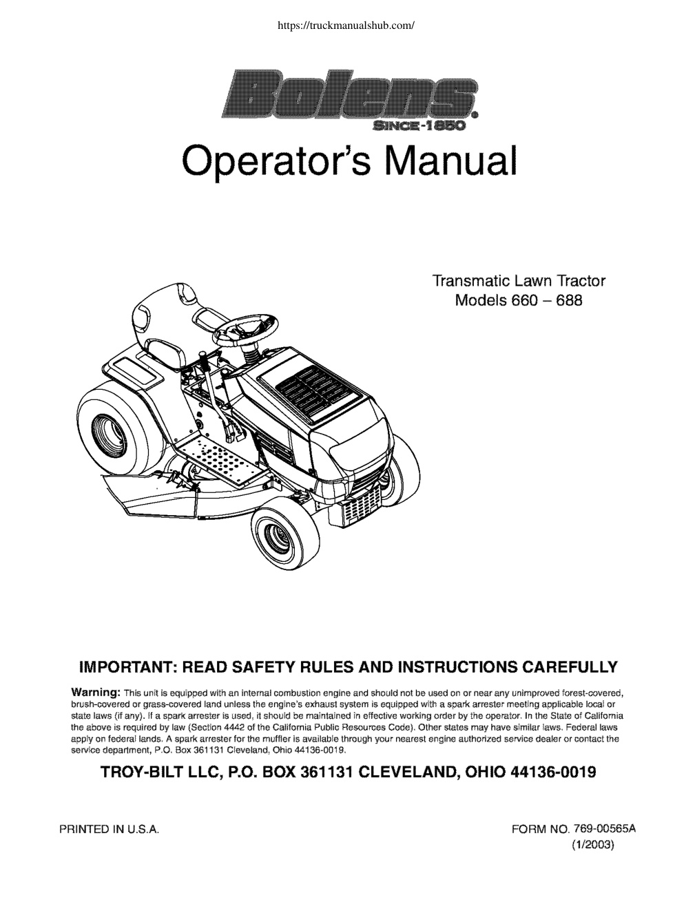 Première page de Bolens 660 688 Lawn Tractor Operator s Manual
