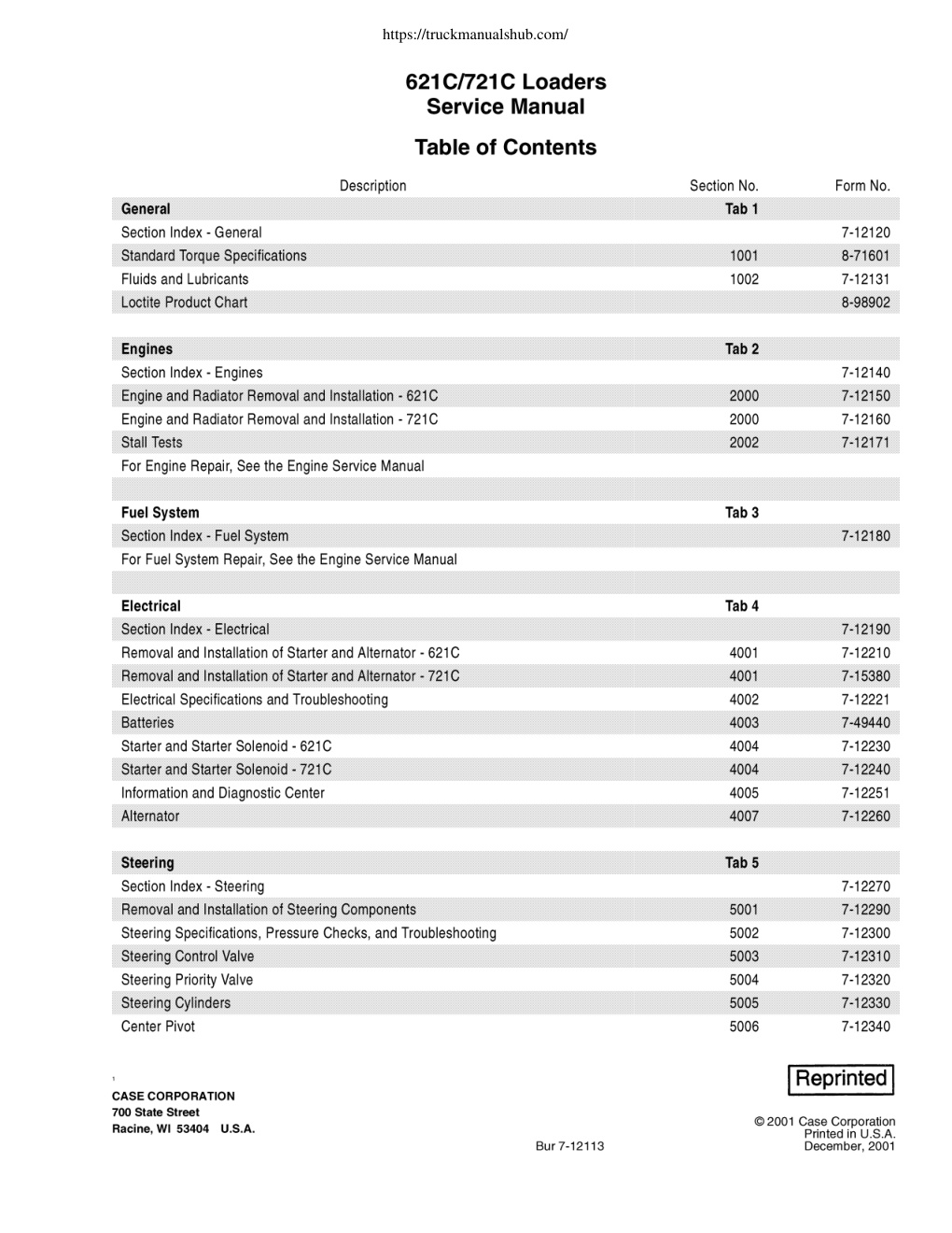 Première page de Case 621C 721C Service Manual