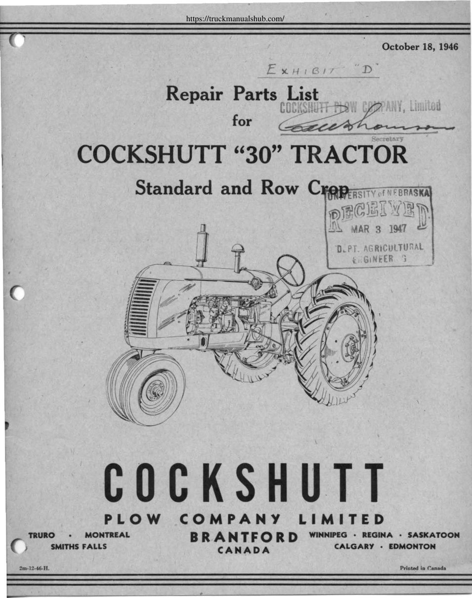 Première page de CockShutt 30 Repair Parts List