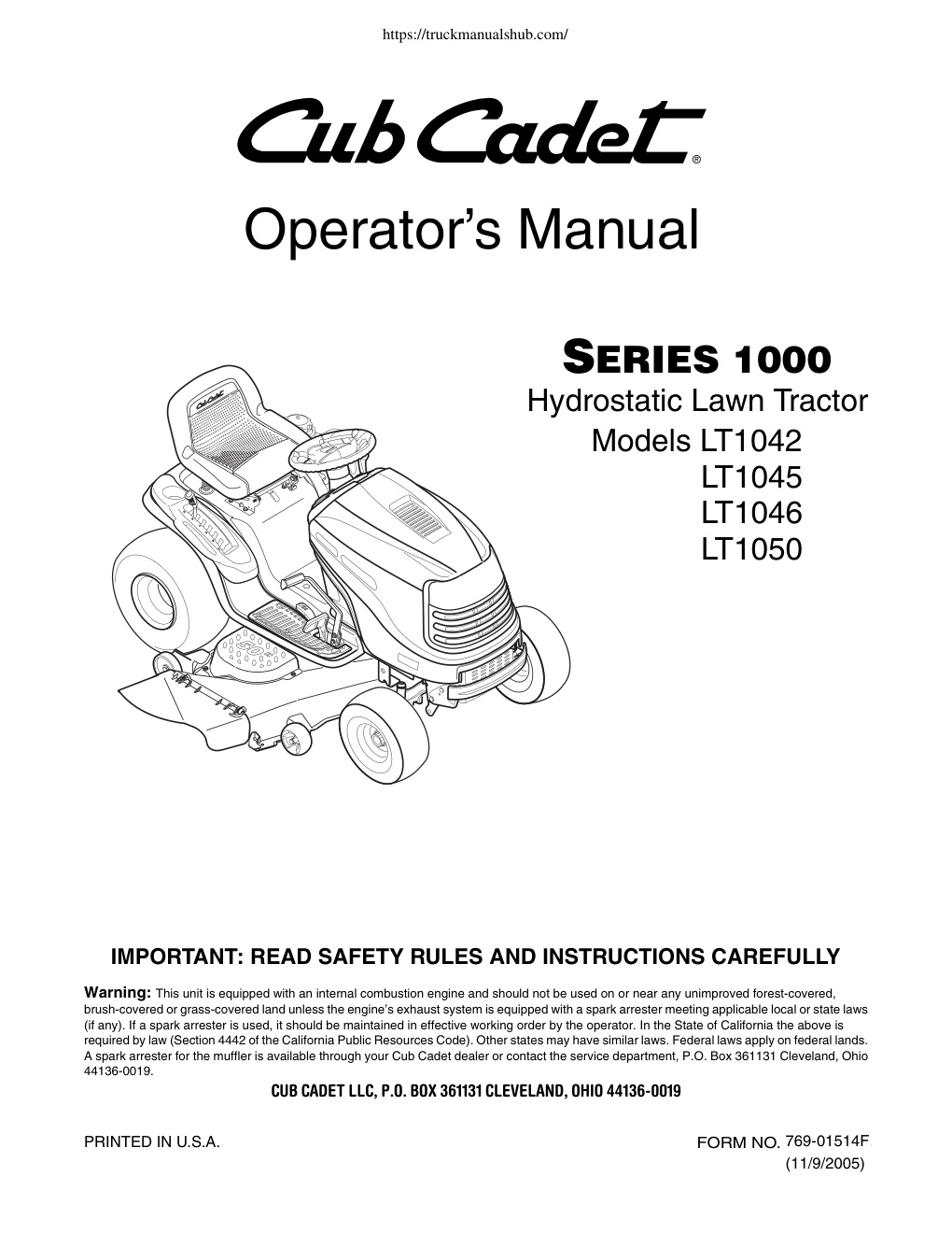 Première page de Cub Cadet LT1042 LT1045 LT1046 LT1050 Lawn Tractors Operators Manual