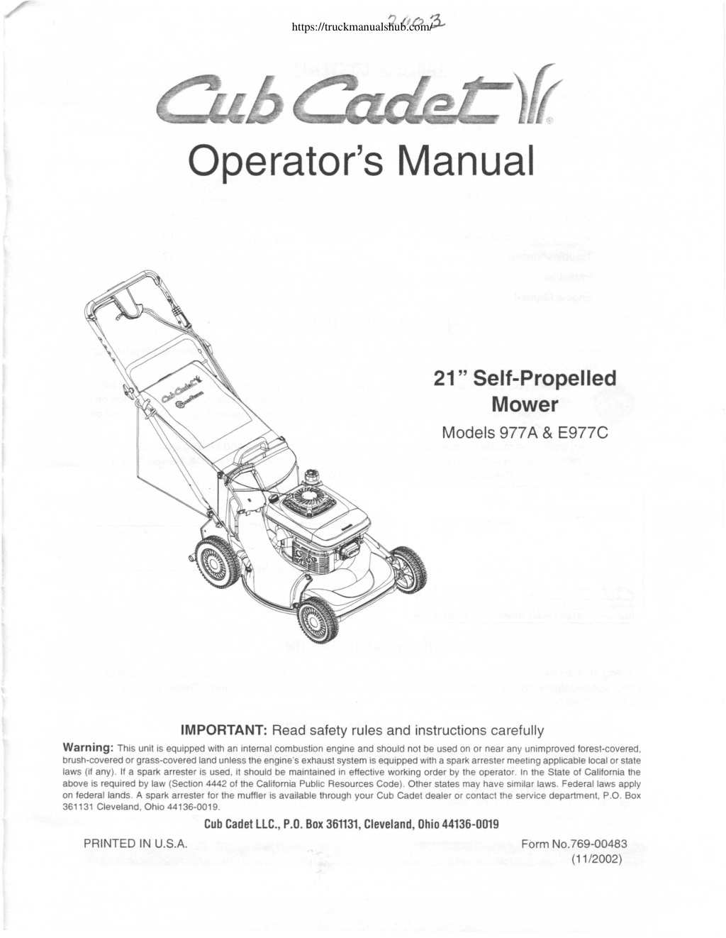 Première page de Cub Cadet Lawnmower Operators Manual Models 977A E977C