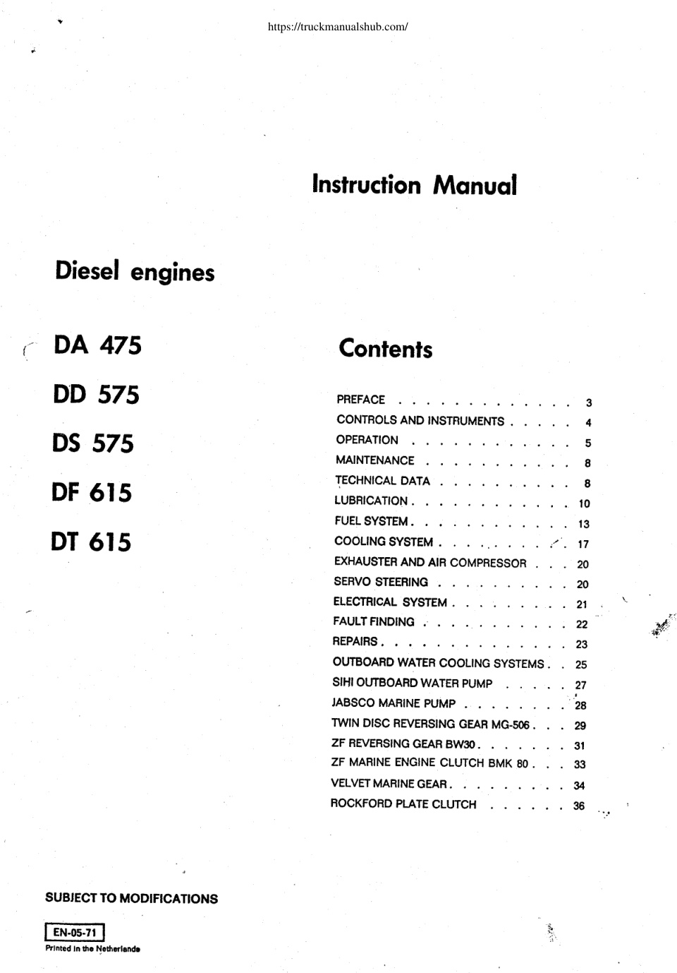 Première page de DAF DA 475 DD 575 DS575 DF 615 DT 615 Diesel Engines Manual
