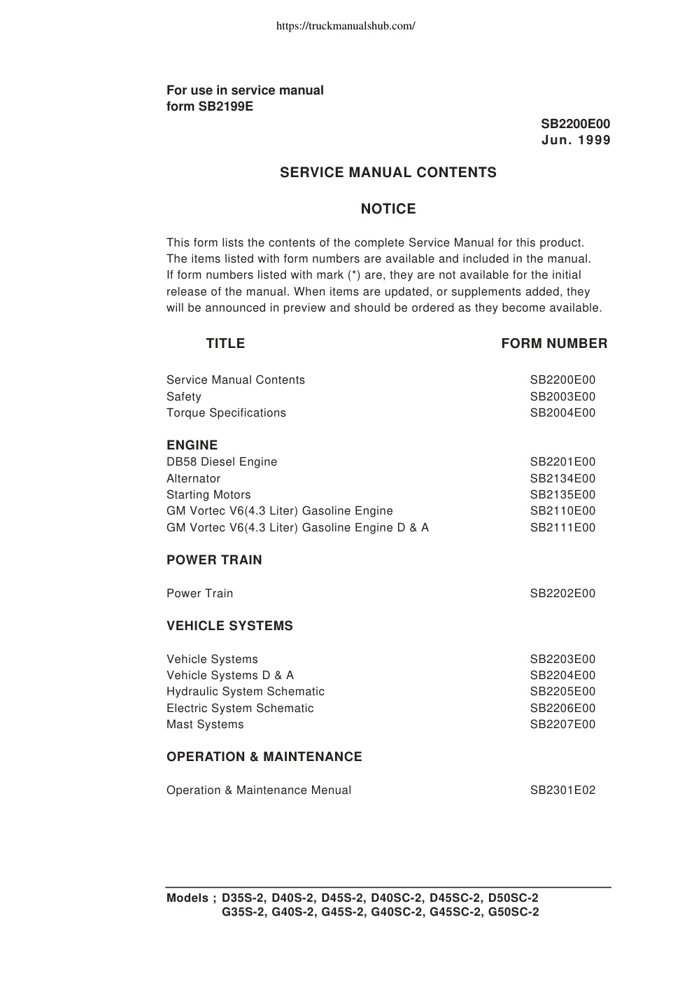 Première page de Daewoo D35S 2 D40S 2 D45S 2 D40SC 2 D45SC 2 D50SC 2 G35S 2 G40S 2 G45S 2 G40SC 2 G45SC 2 G50SC 2 Service Manual