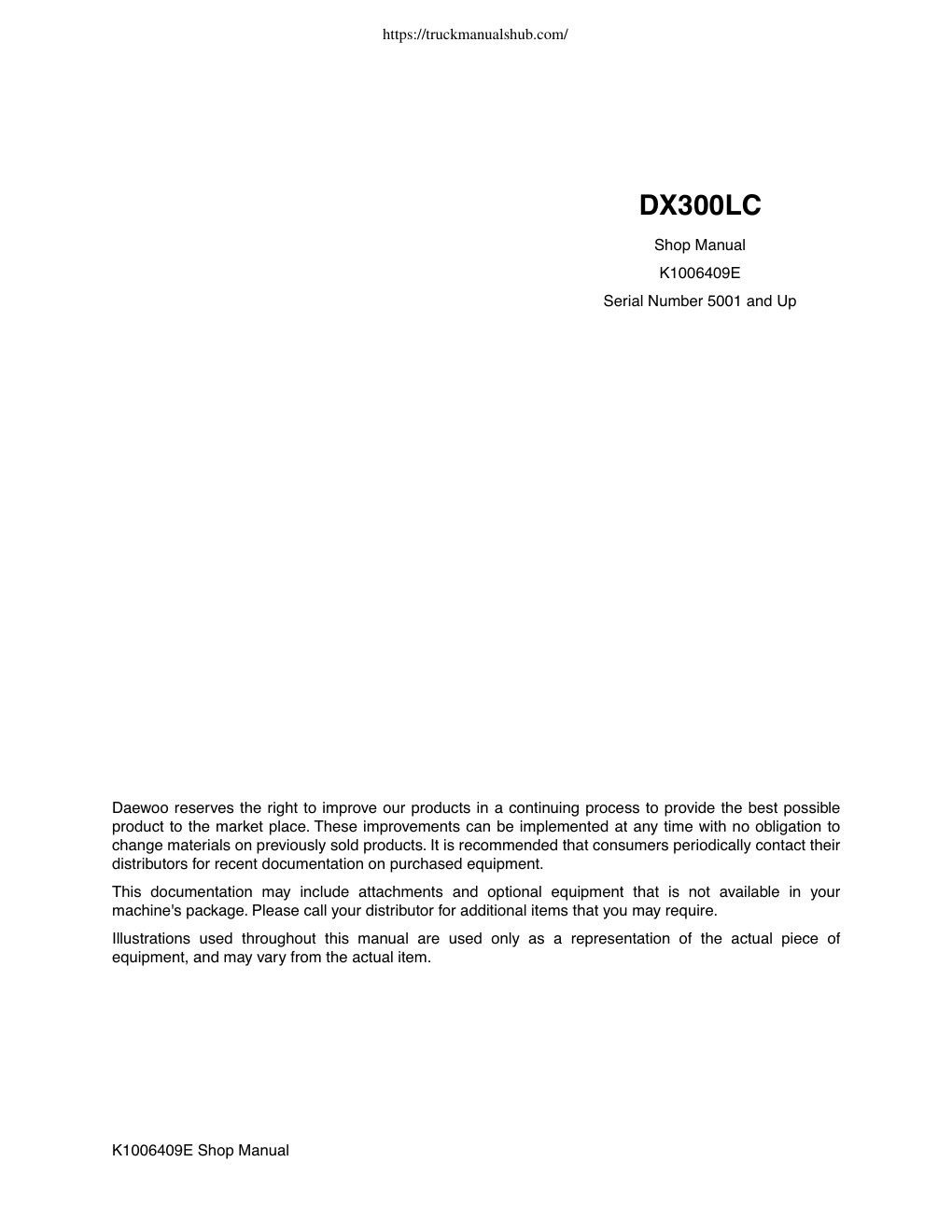 Première page de Daewoo DX300LC Service Manual
