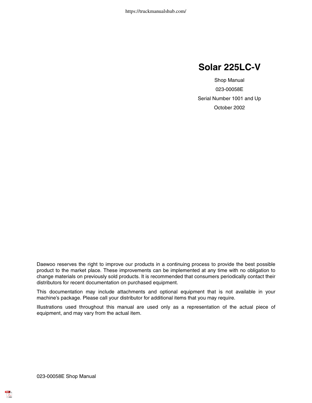 Première page de Daewoo Solar 225LC V Shop Manual