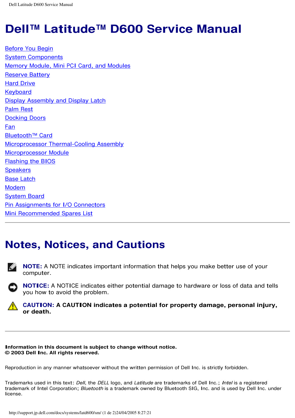 Première page de Dell Latitude D600 Service Manual