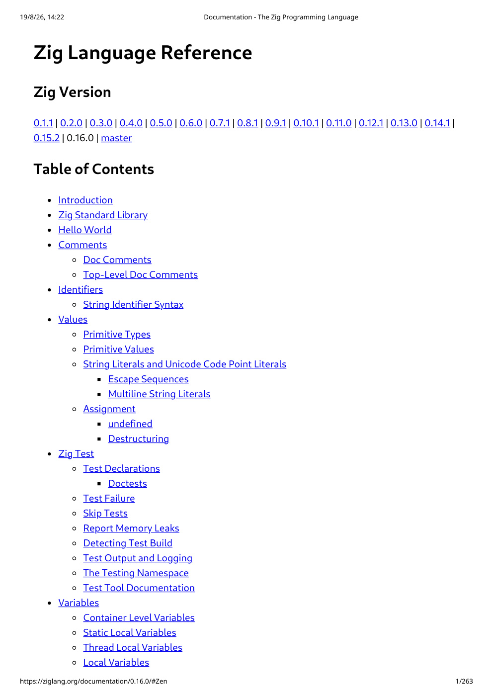 Première page de Documentation The Zig Programming Language