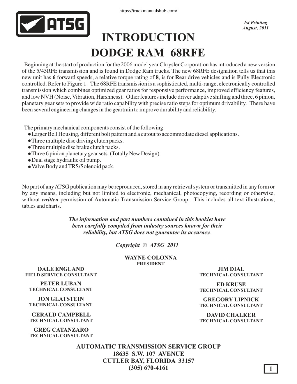 Première page de Dodge Ram 68RFE Automatic Transmission Service Group PDF Manual