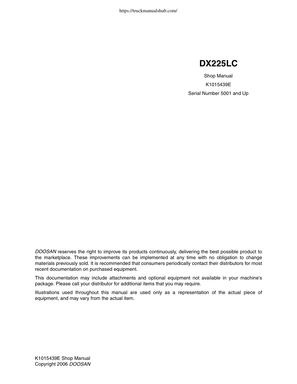Première page de Doosan DX225LC Shop Manual
