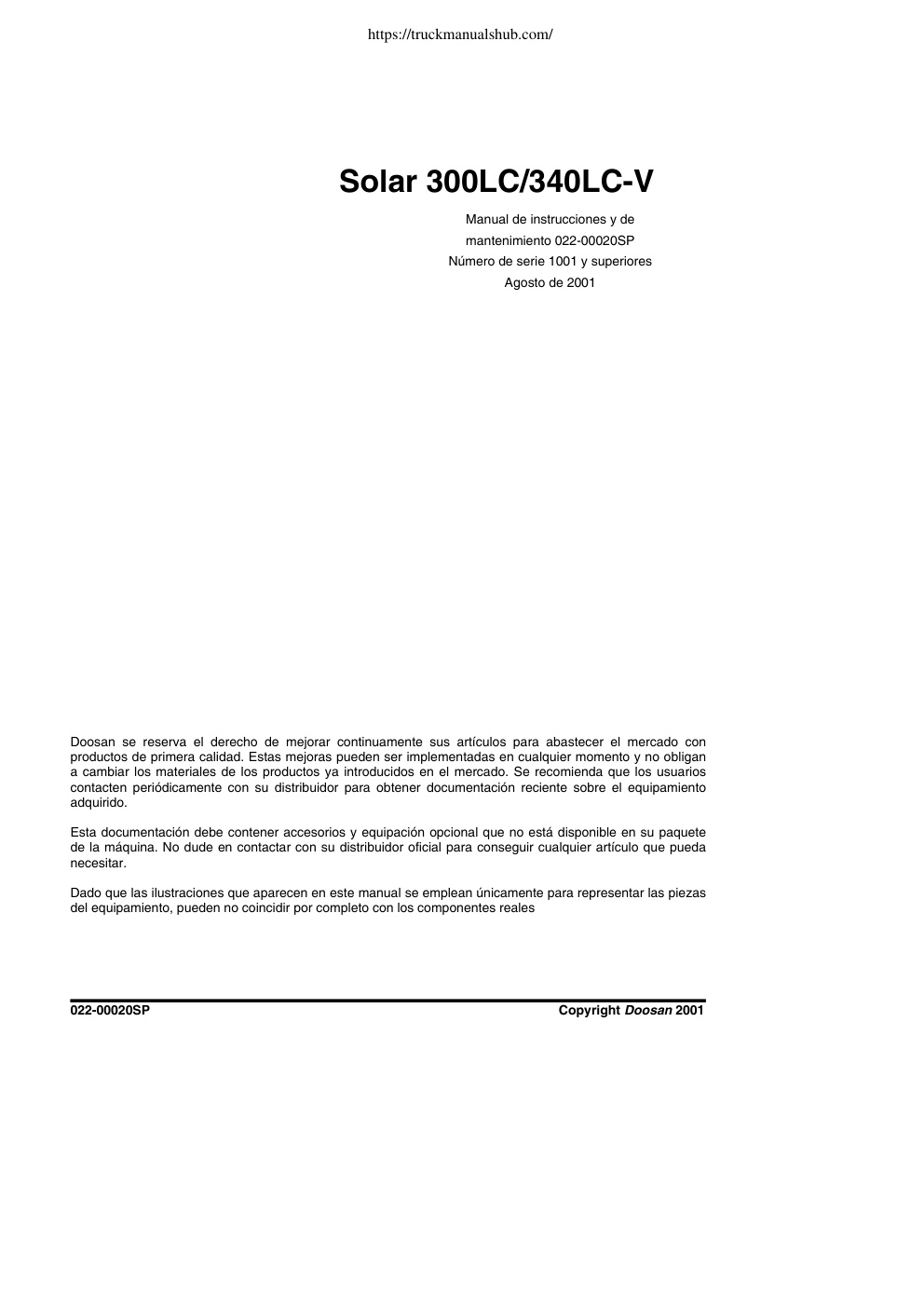 Première page de Doosan Solar 300LC 340LC V Excavator Service Manual
