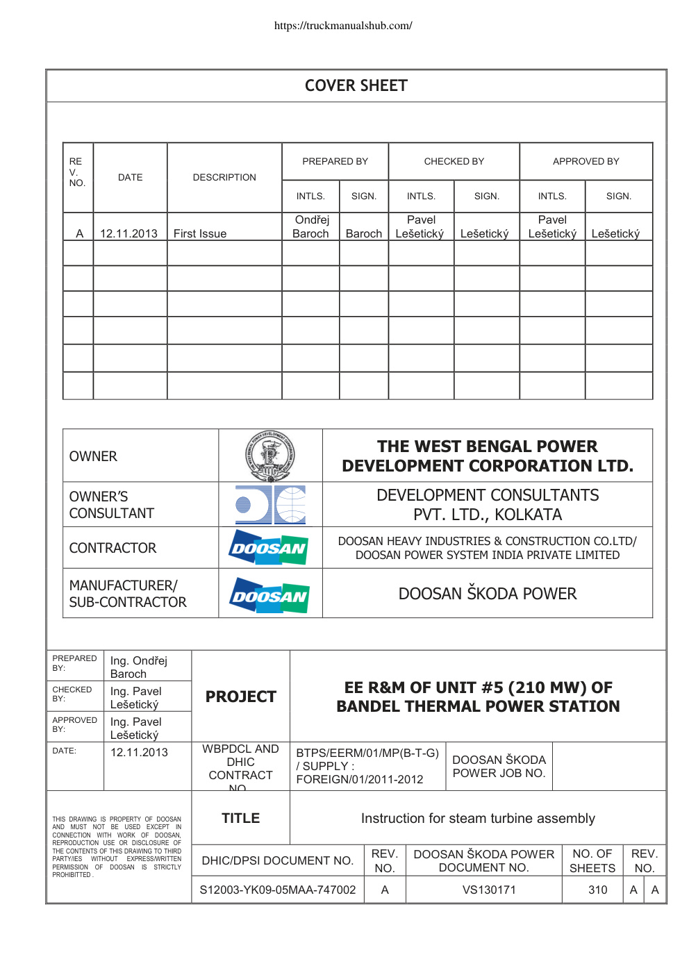 Première page de Doosan Assembly manual for turbine