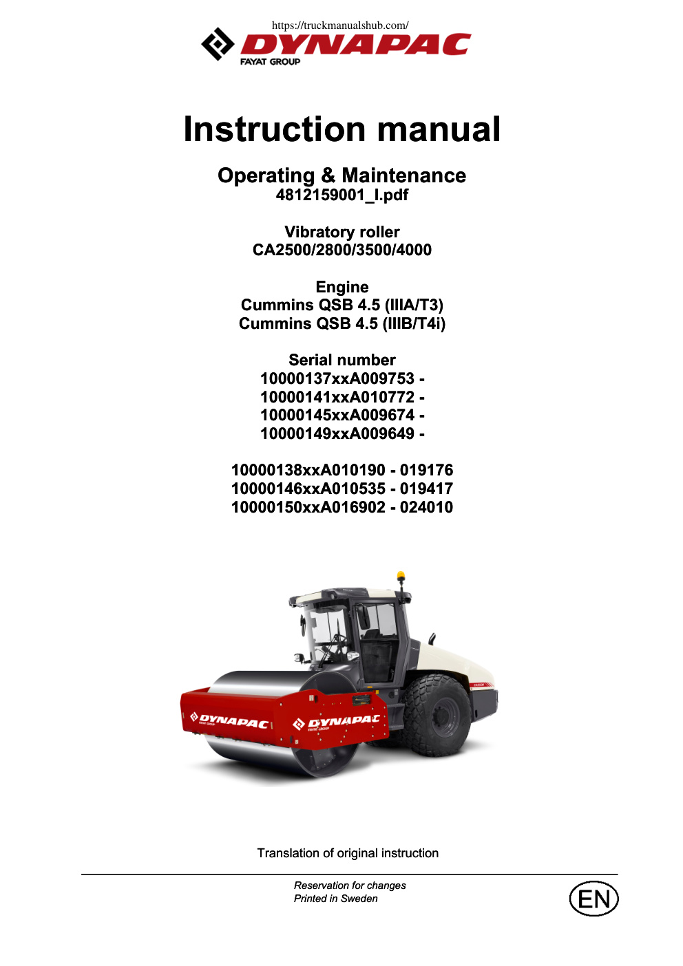 Première page de Dynapac CA2500 2800 3500 4000 Operation Maintenance Manual