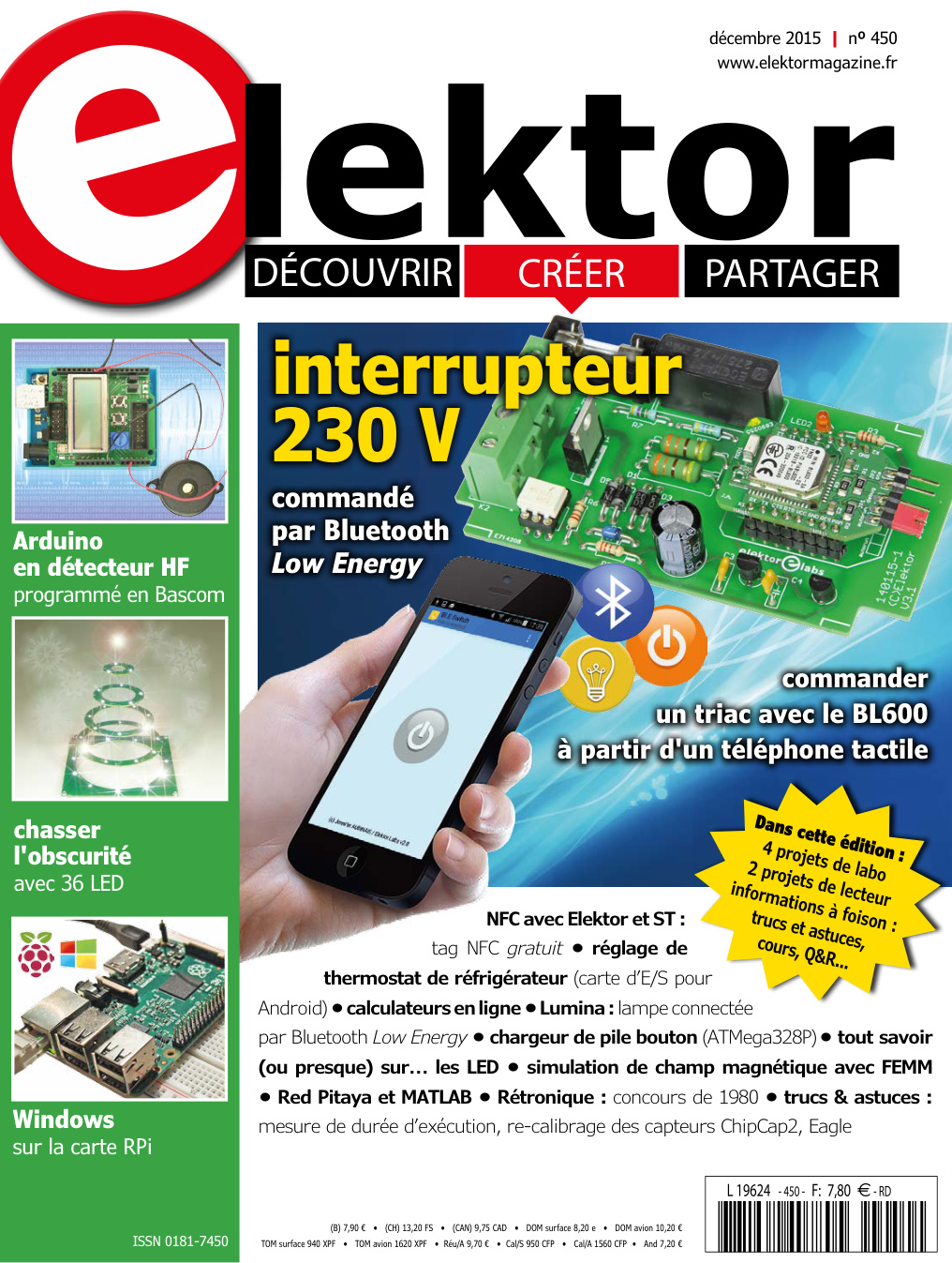 Première page de Elektor 450 interrupteur 230V commandé par Bluetooth LE Mariline Thiebaut Brodier Publitronic déc 2015