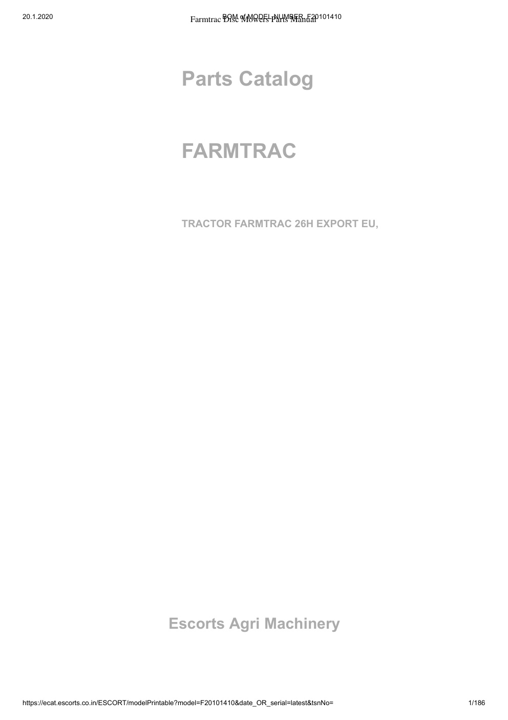 Première page de Farmtrac 26H Spare Parts Manual