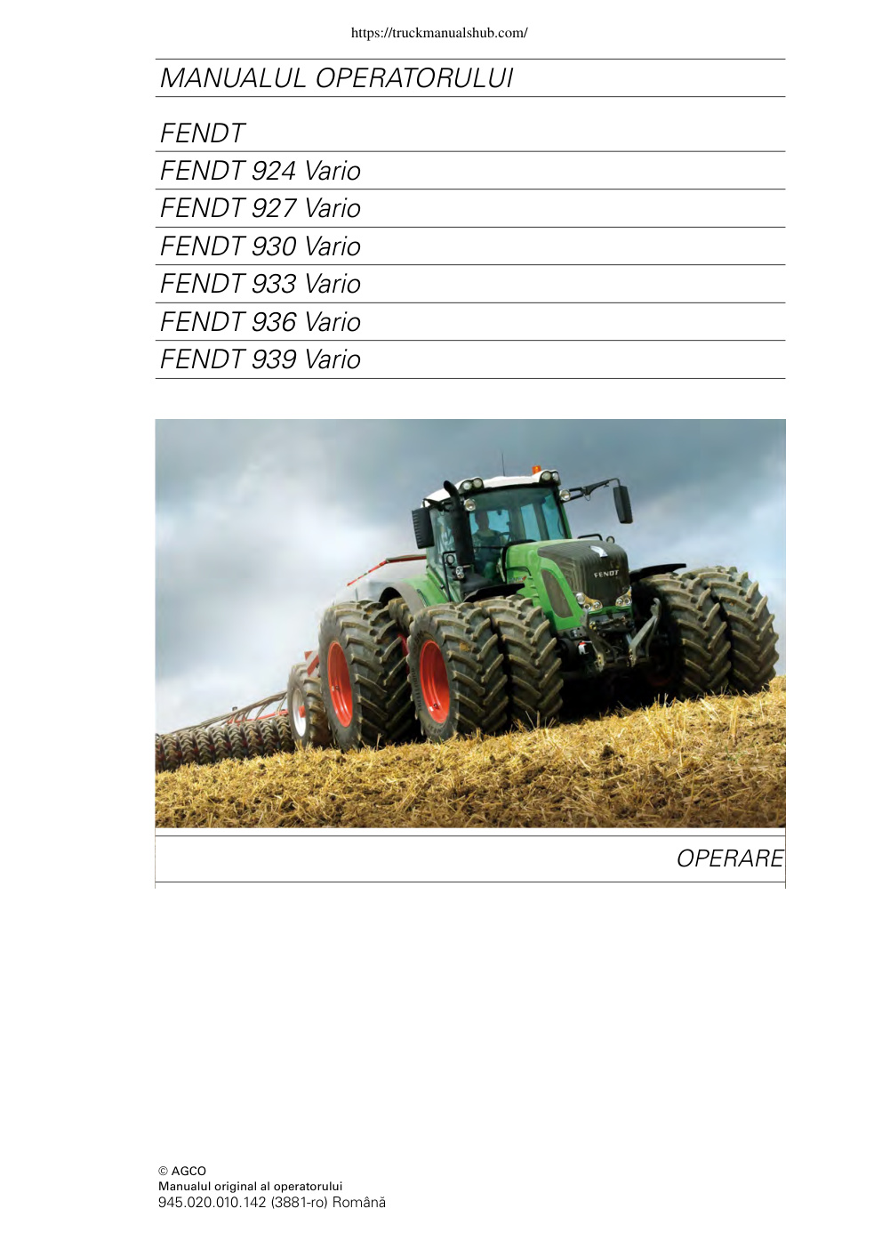 Première page de Fendt 939 Vario SCR ROMANA Operating Manual