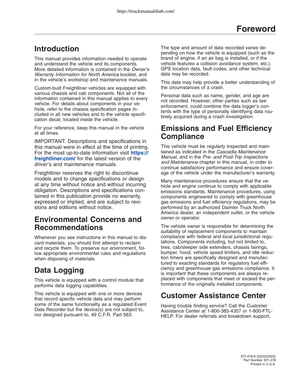 Première page de Freightliner Cascadia Driver s Manual