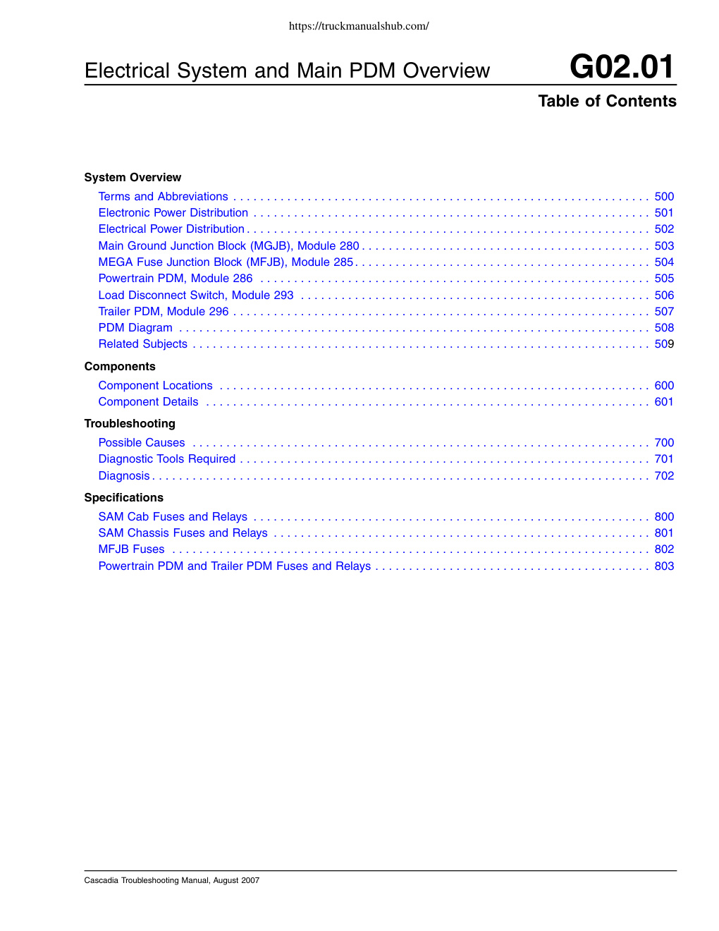Première page de Freightliner Cascadia Technical Manual