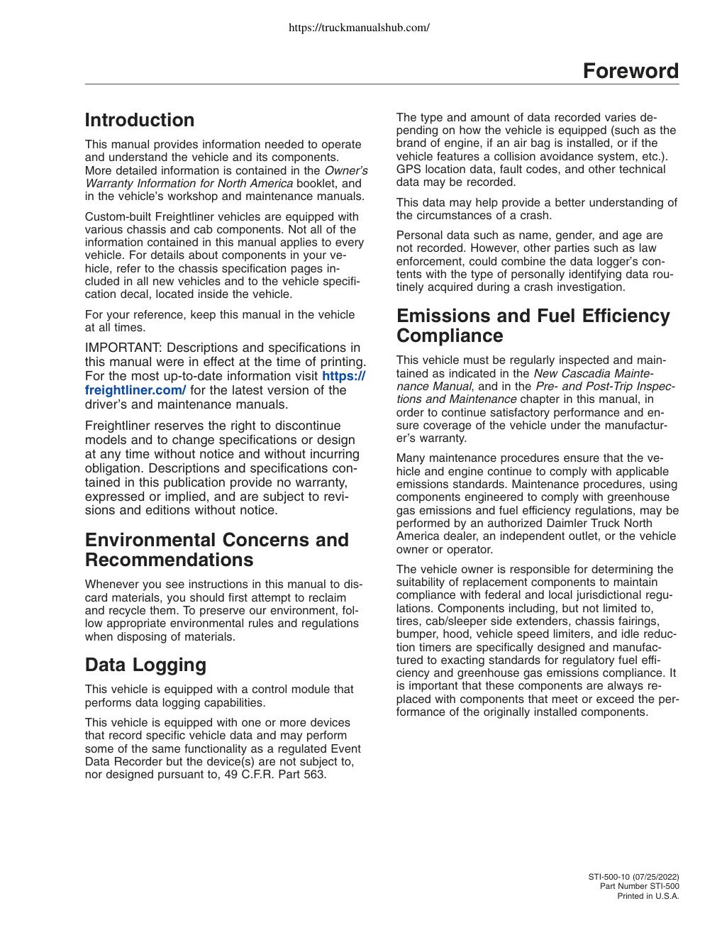 Première page de Freightliner New Cascadia Driver s Manual
