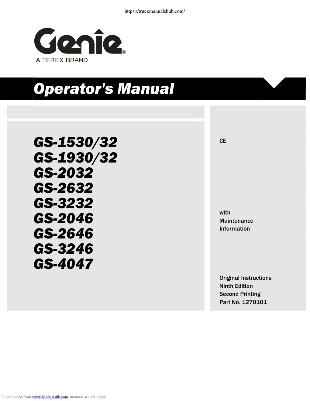 Première page de Genie GS 1530 32 GS 2632 GS 3232 GS 1930 32 GS 2032 GS 2046 GS 2646 GS 3246 GS 4047 GS 1530 GS 1930 GS 1932 GS 1532 Operator s Manual
