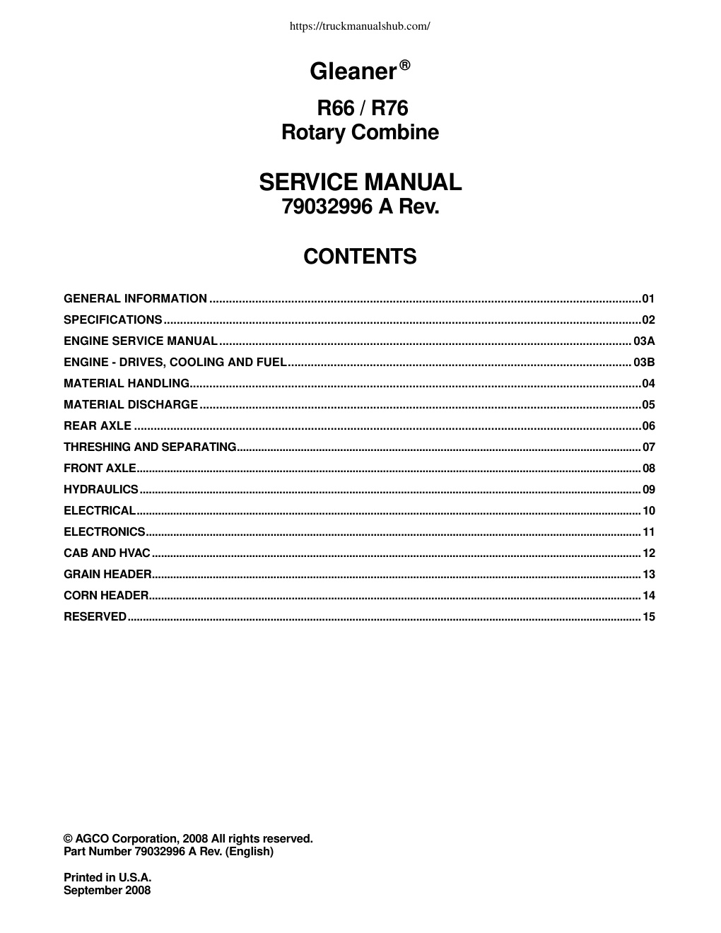 Première page de Gleaner R66 R76 Rotary Combine Service Manual