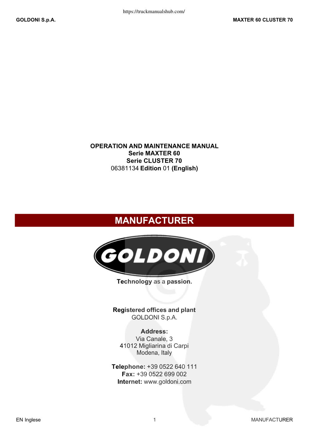 Première page de Goldoni Maxter 60 Cluster 70 Operation and Maintenance Manual