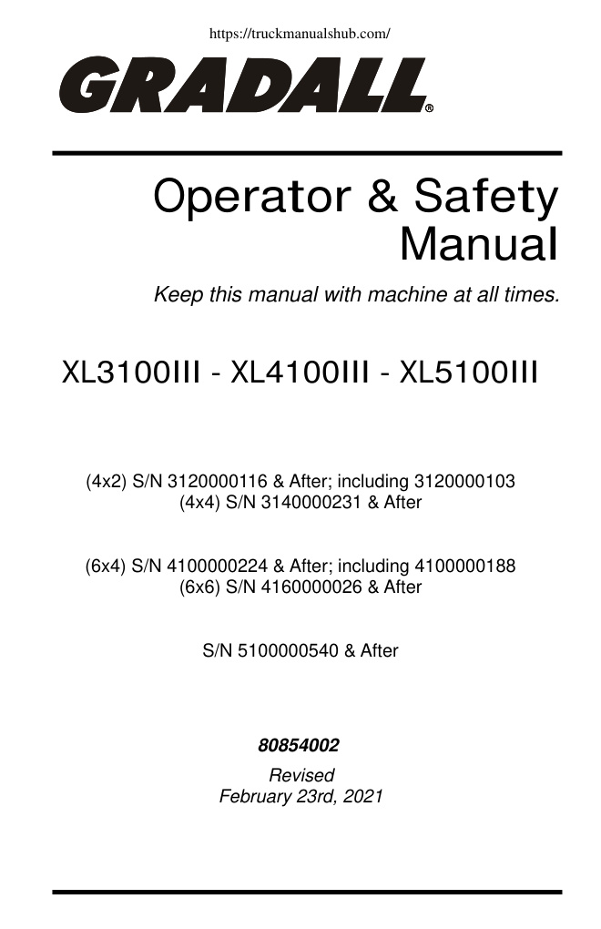 Première page de Gradall XL3100III XL4100III XL5100III Operators Safety Manual