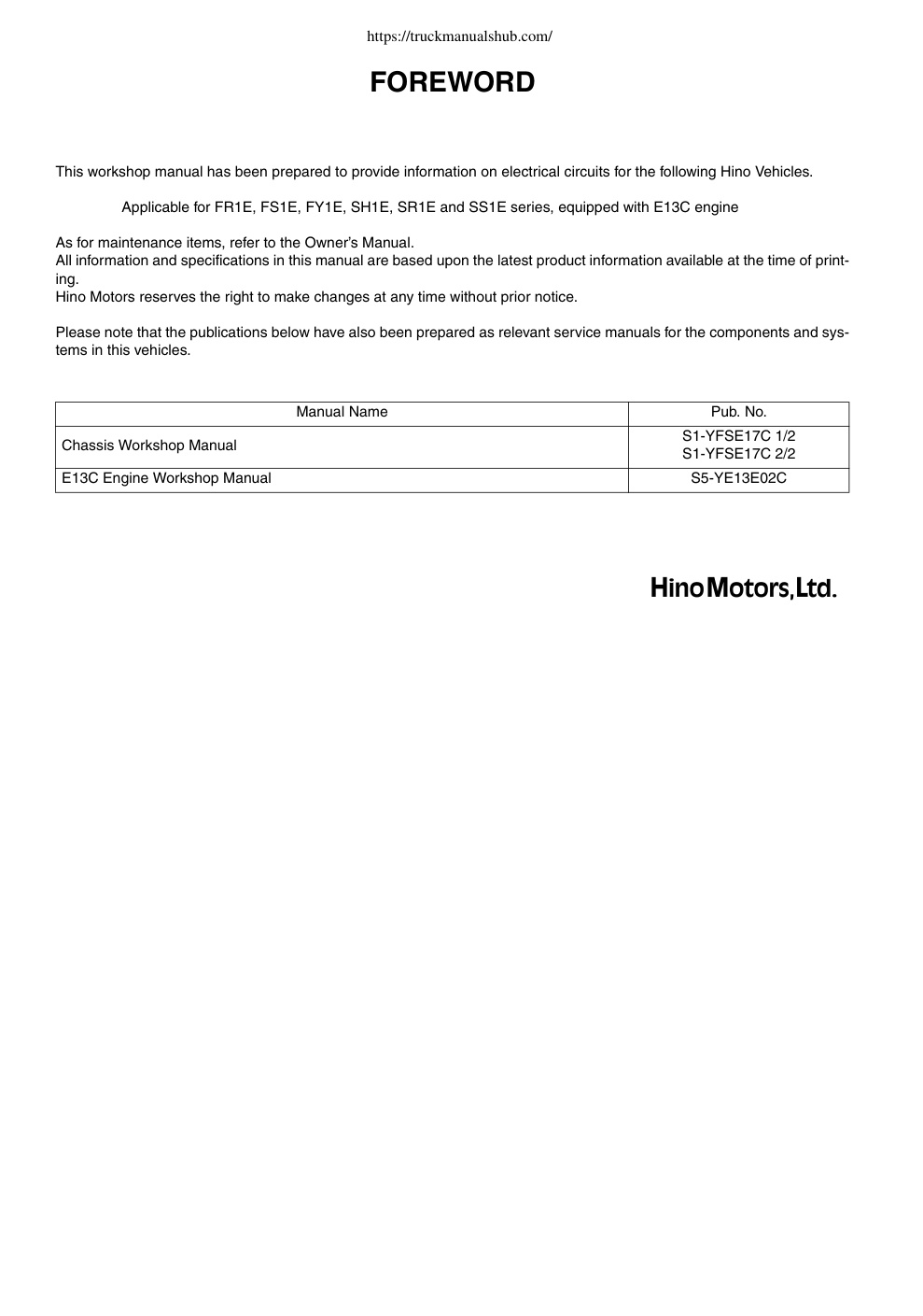 Première page de HINO 700 series Workshop manual