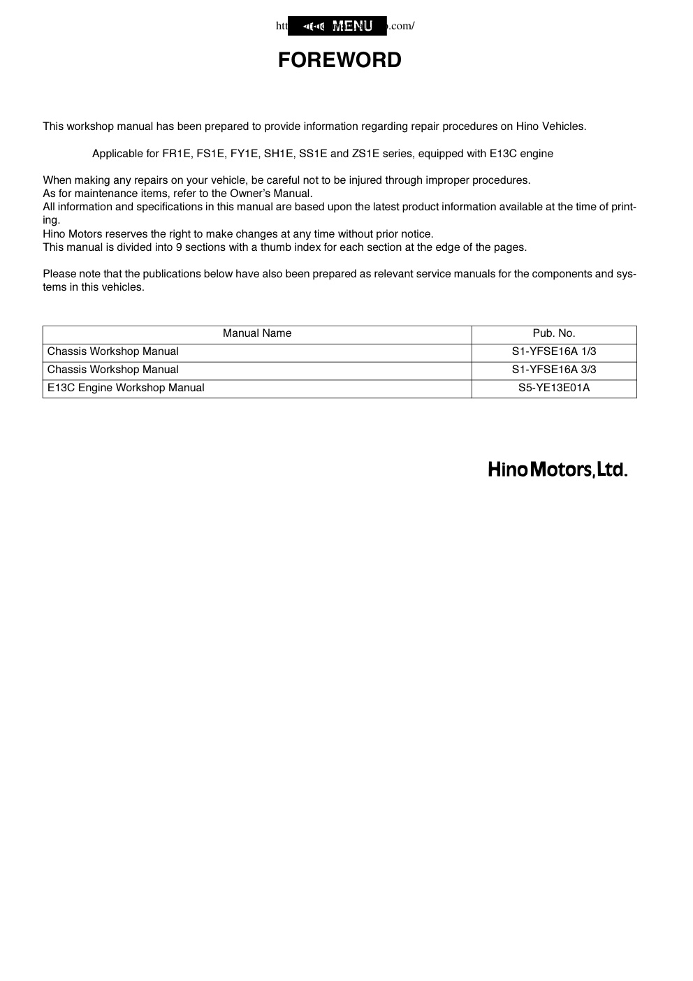 Première page de Hino 700 Brake Direction Suspension Workshop Manual