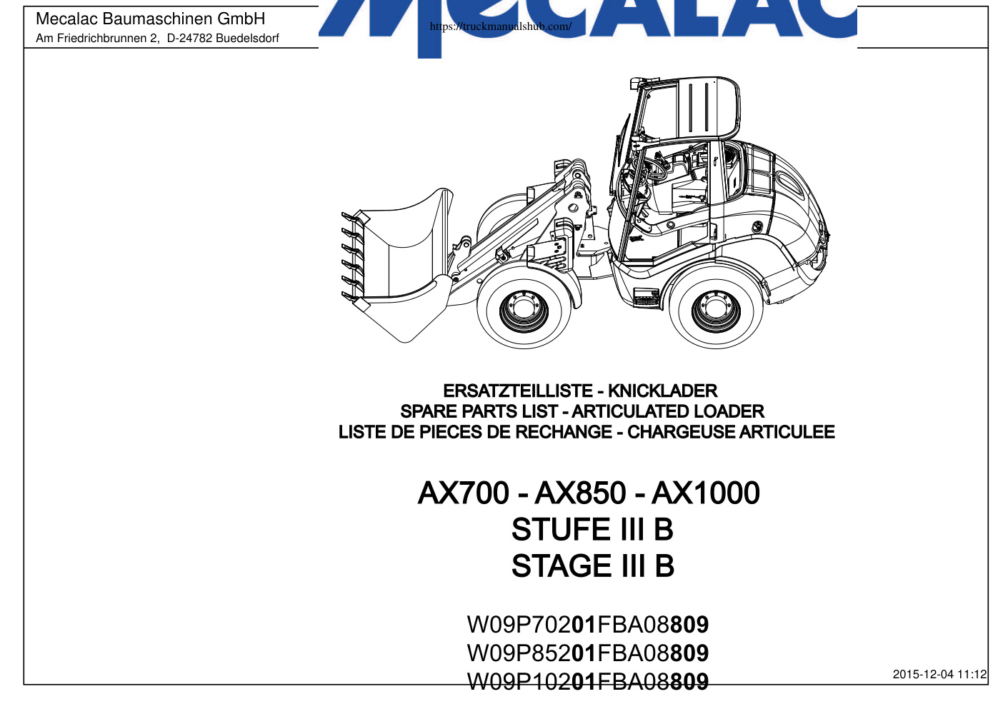 Première page de Ahlmann AX700 AX850 AX1000 Articulated Loader Spare Parts List